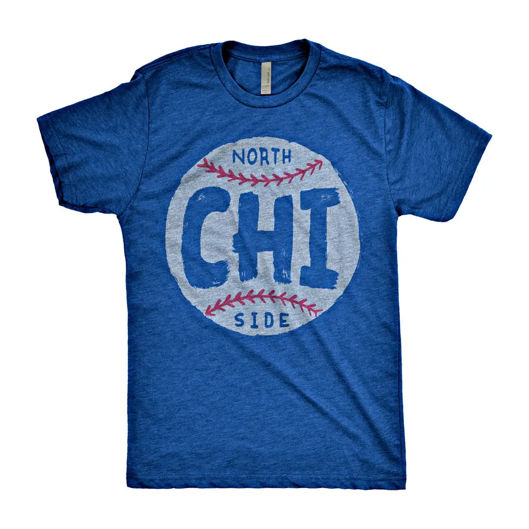 Blue t-shirt with 'North CHI Side' graphic design on a white background
