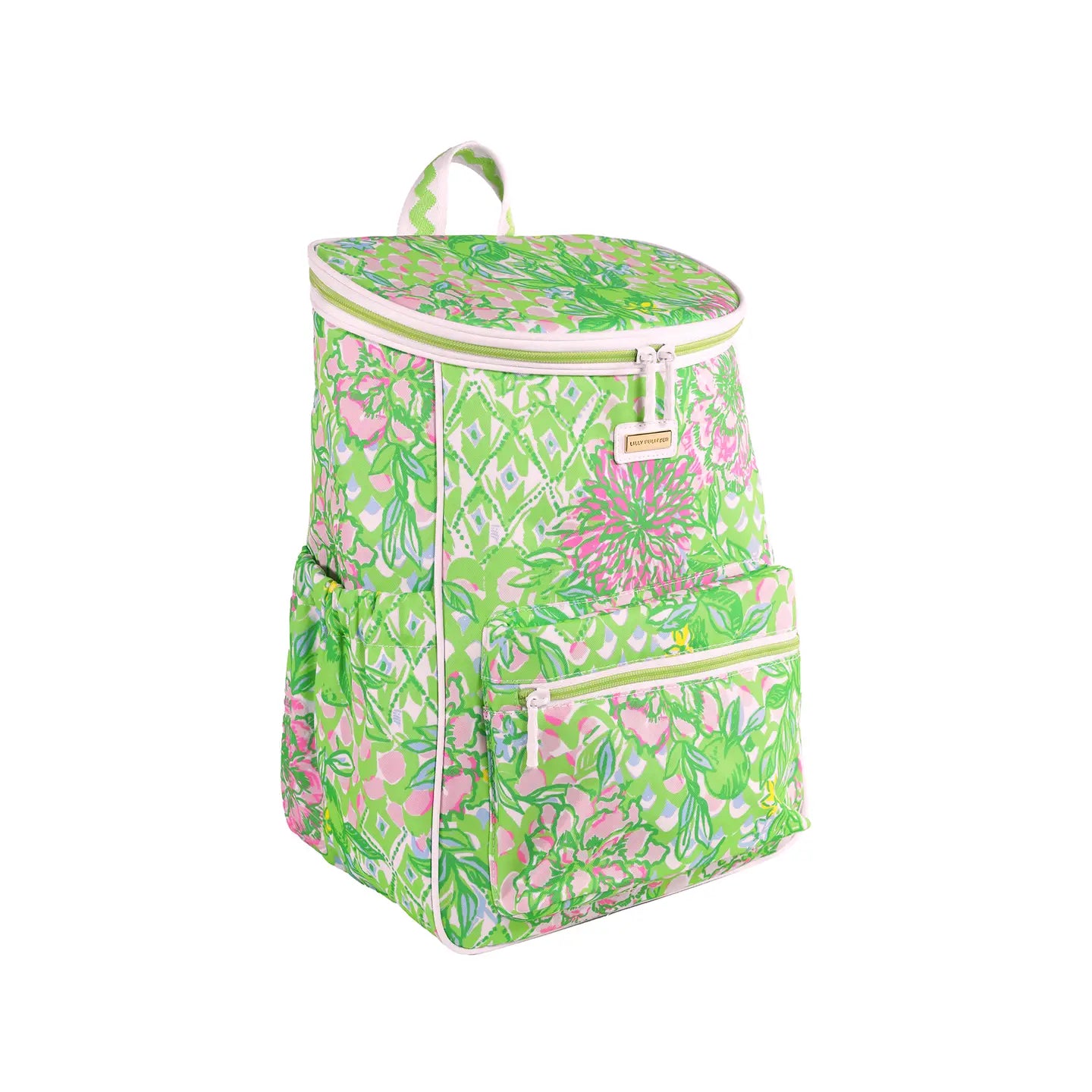 Floral-patterned backpack on a white background