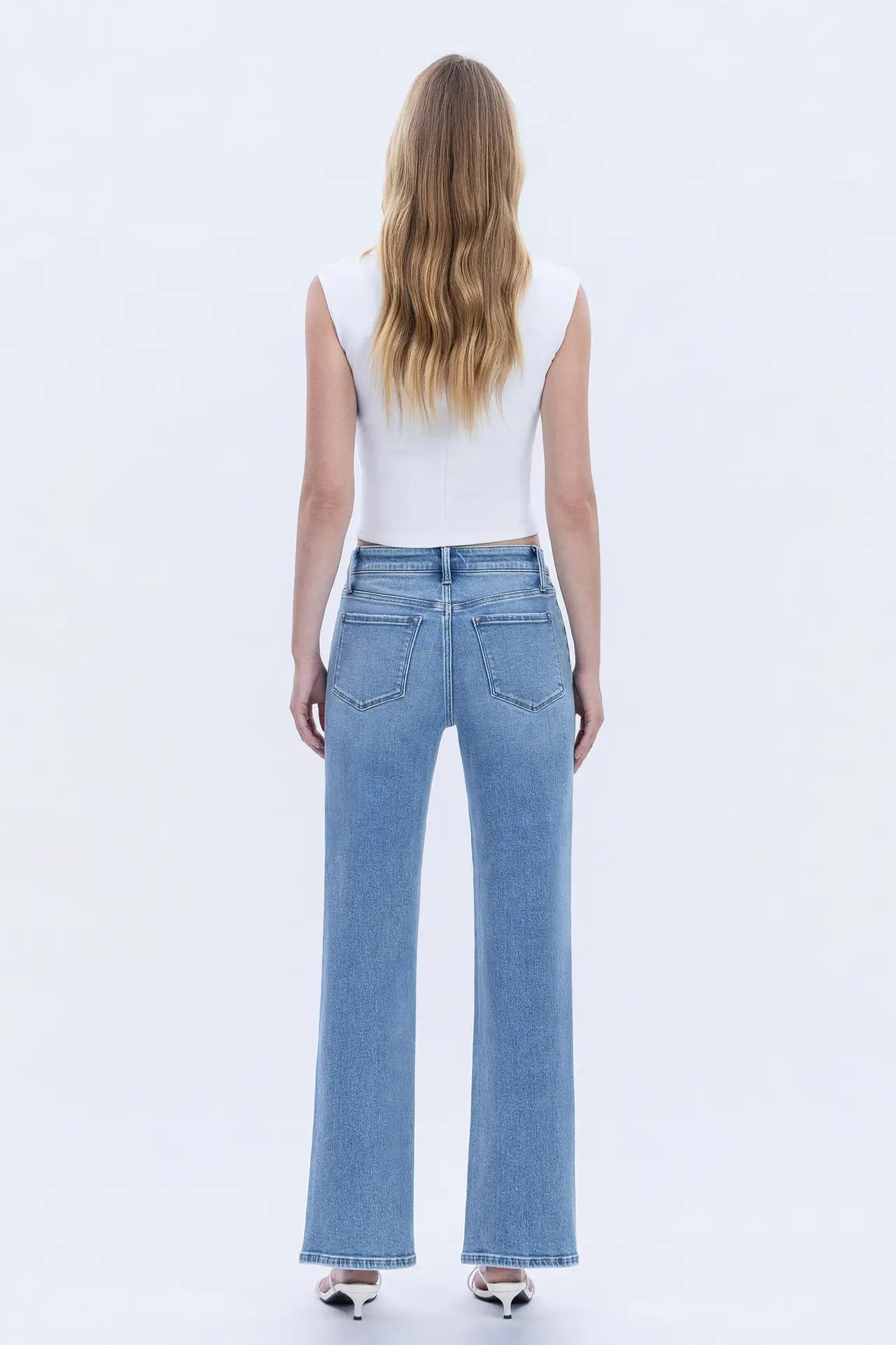 High Rise Distressed Hem Slim Wide Jeans