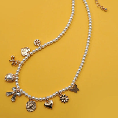Charm Necklace-Bow Sunflower Heart Pearl Chain
