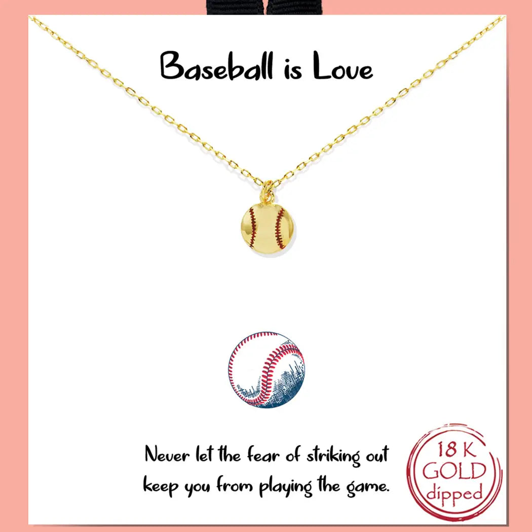 Necklace with a baseball pendant on a white card with text and gold chain.