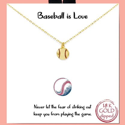 Necklace with a baseball pendant on a white card with text and gold chain.