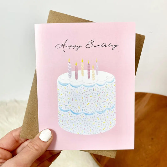 greeting card with happy birthday on front with cake with candles