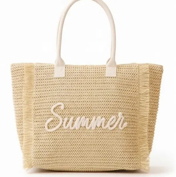 Woven bag with 'Summer' embroidery on a white background