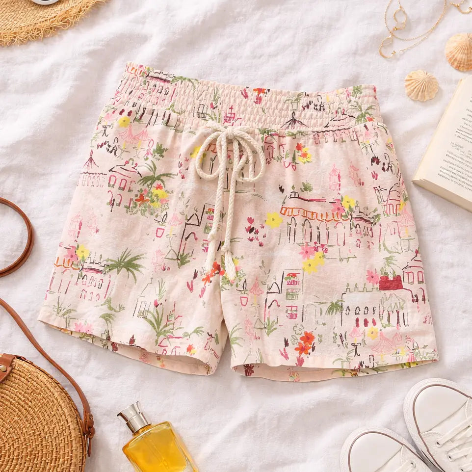 Floral patterned shorts on a white surface with beach accessories.