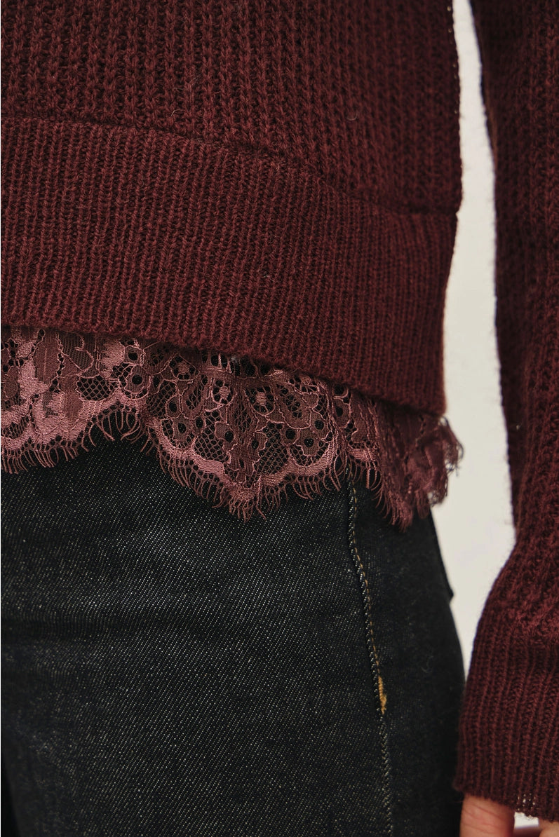 close up of lace trim on sweater