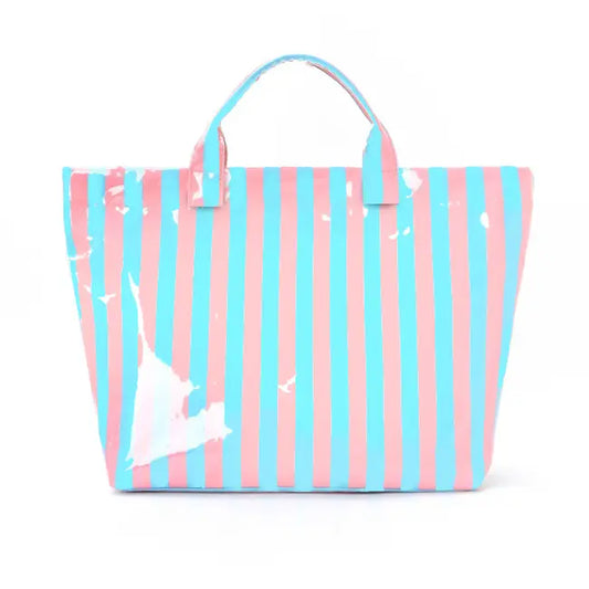 Striped tote bag with pink and blue vertical stripes on a white background