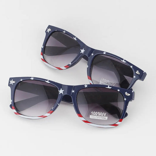 Sunglasses with American flag design on a white background