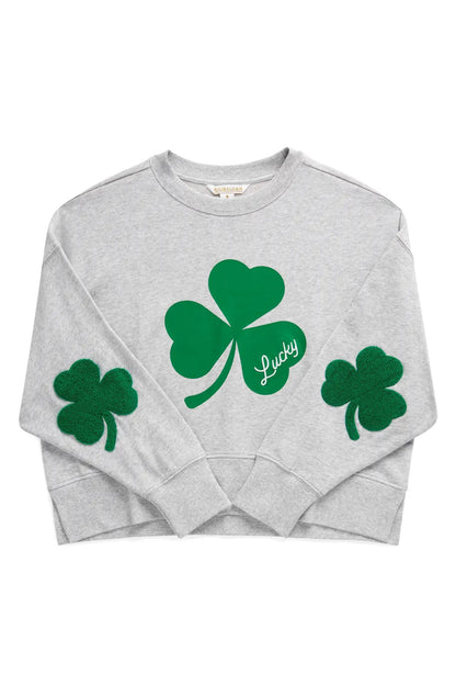 Gray sweatshirt with green shamrock designs and 'Lucky' text on a white background