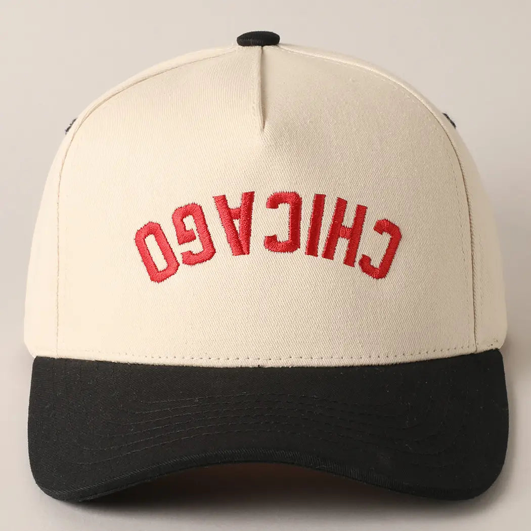 Cap with 'Chicago' embroidered on it against a gray background