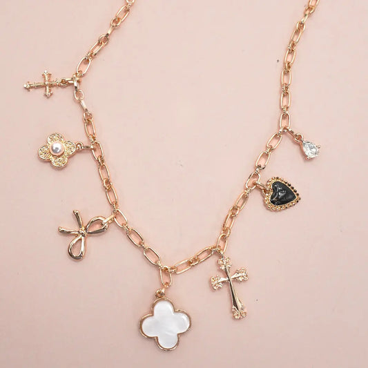 Charm Necklace-Clover Bow Cross Heart Flower