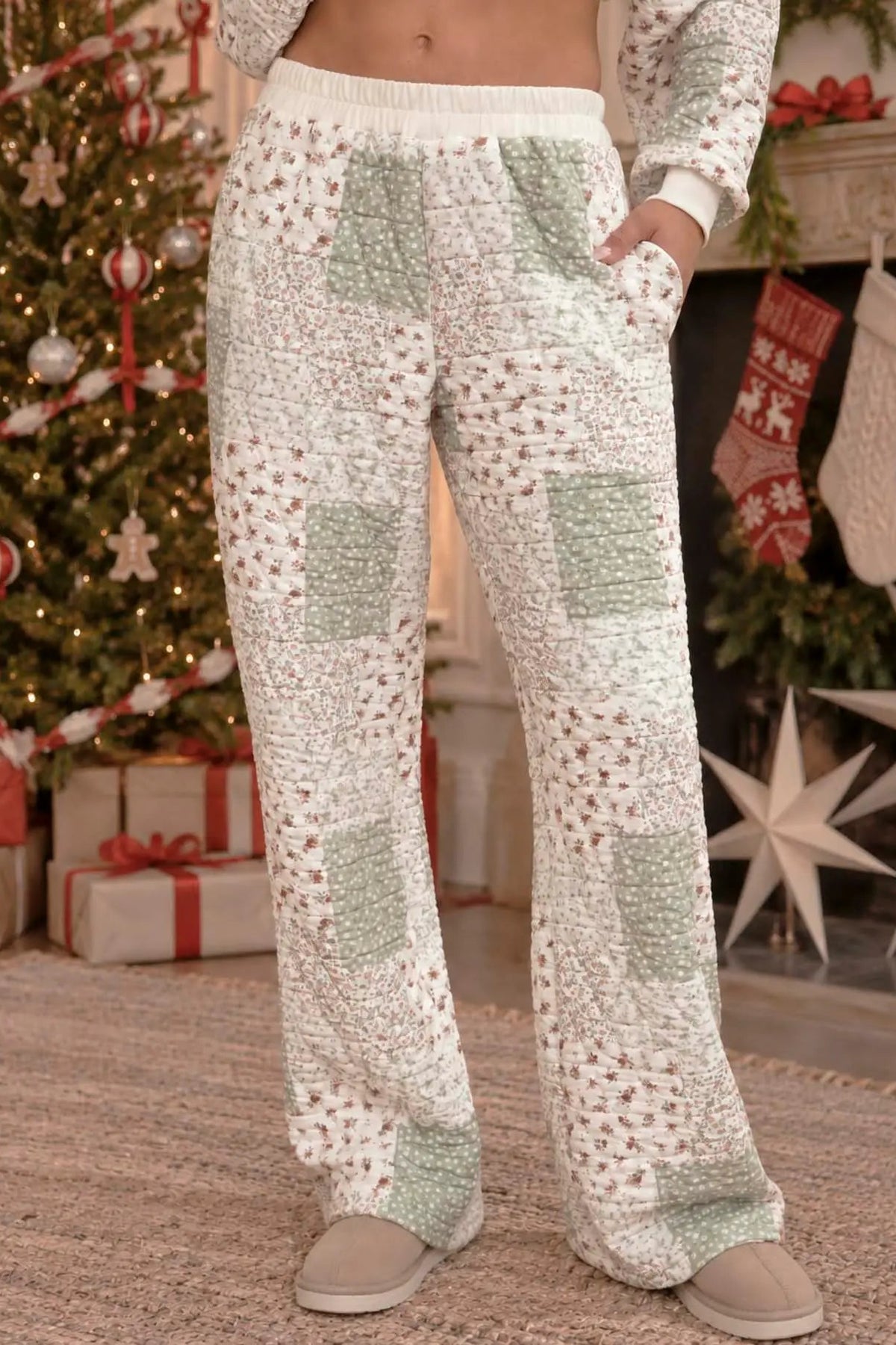person in quilted pants