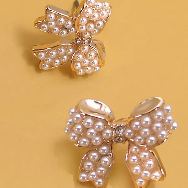Mini Pearl Bow Ribbon Gold Earrings