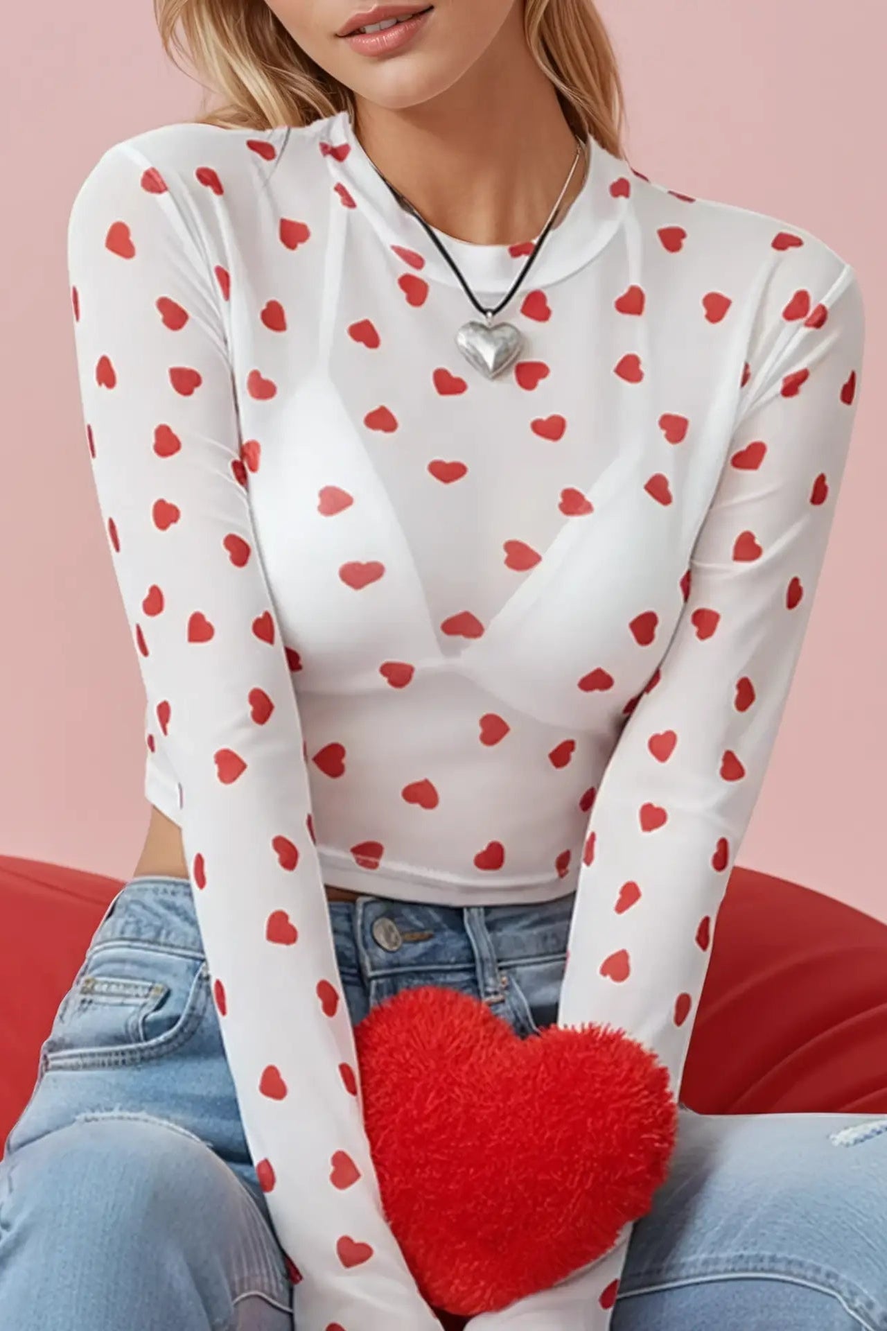 Heart Mesh Long Sleeve Top