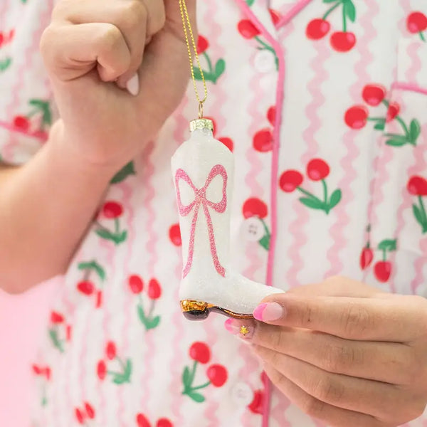 Cowboy Boot Christmas Ornament with Glitter Pink Bow