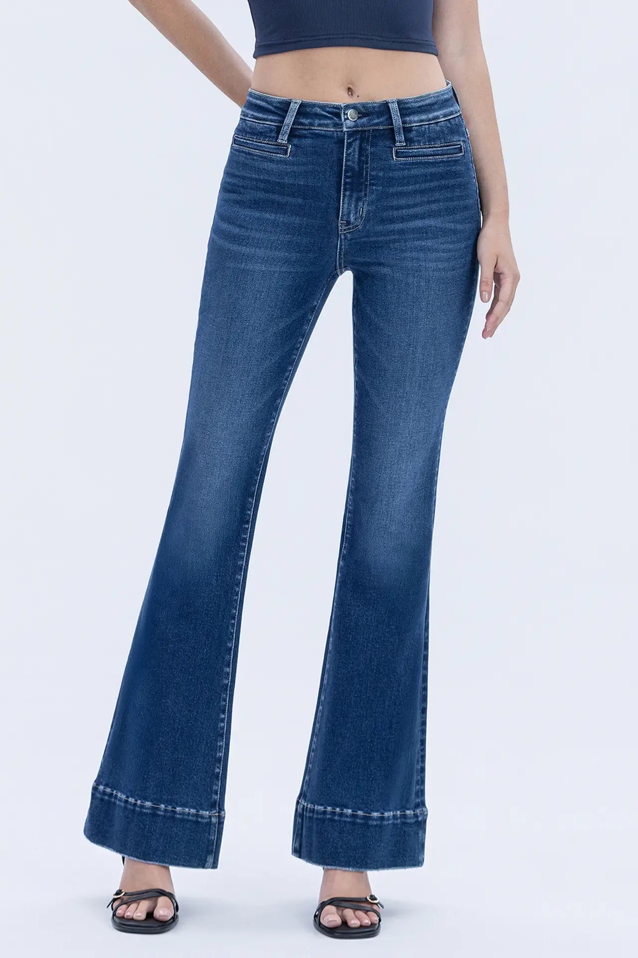 High Rise Welt Pocketed Trouser Hem Flare Jeans