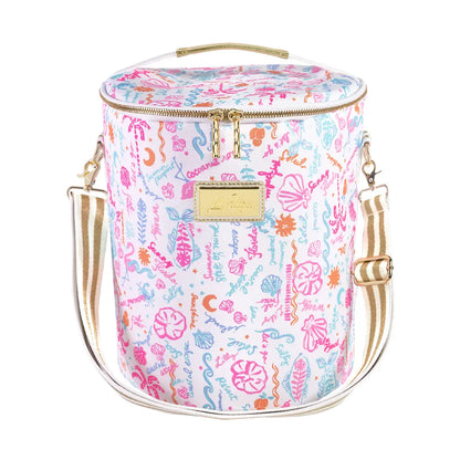 Colorful patterned handbag with gold accents on a white background