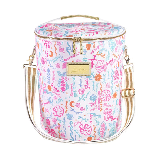 Colorful patterned handbag with gold accents on a white background