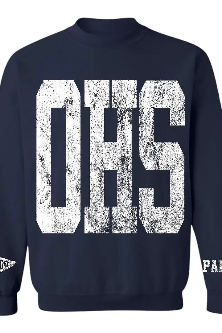 A navy blue crewneck sweatshirt featuring a large, distressed white 'OHS' graphic on the front, with a small white 'WE'RE' graphic on the left sleeve and 'PANTY' on the right sleeve.