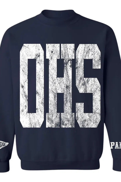 A navy blue crewneck sweatshirt featuring a large, distressed white 'OHS' graphic on the front, with a small white 'WE'RE' graphic on the left sleeve and 'PANTY' on the right sleeve.