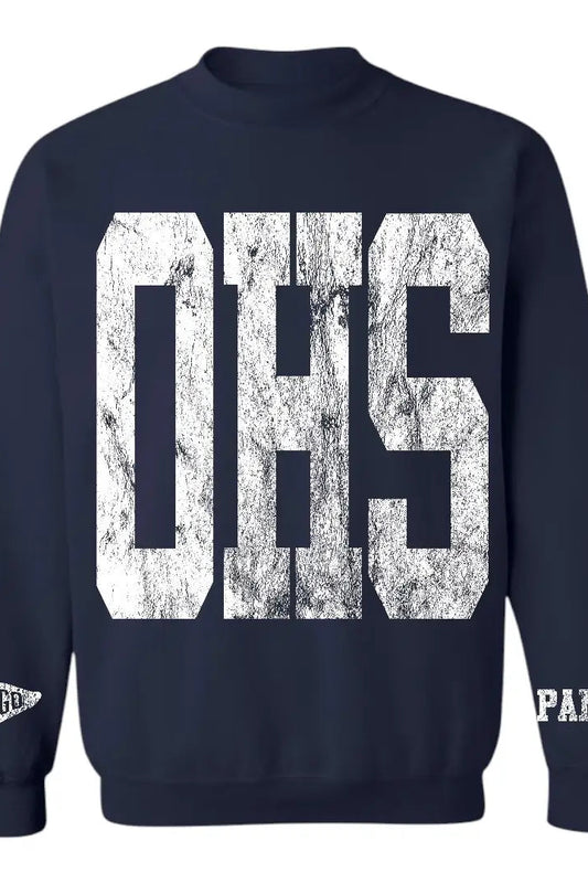A navy blue crewneck sweatshirt featuring a large, distressed white 'OHS' graphic on the front, with a small white 'WE'RE' graphic on the left sleeve and 'PANTY' on the right sleeve.