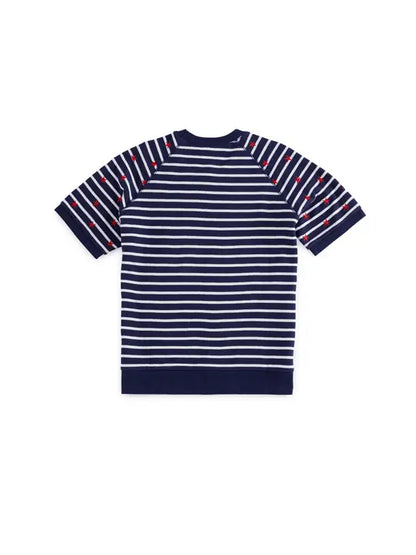 Navy and white striped t-shirt on a white background