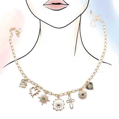 Charm Necklace-Heart Cross Sunburst Stone