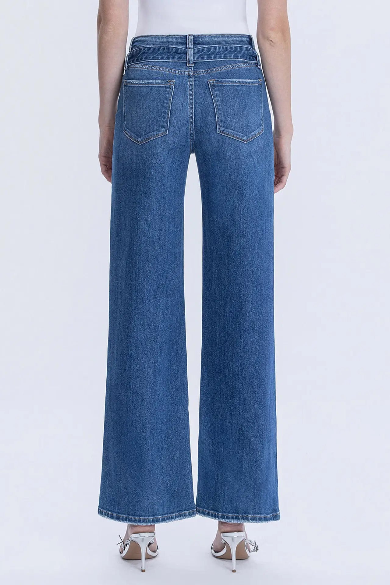 High Rise Denim Waist Tie Patch Pocket Wide Jeans