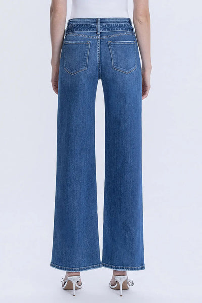 High Rise Denim Waist Tie Patch Pocket Wide Jeans