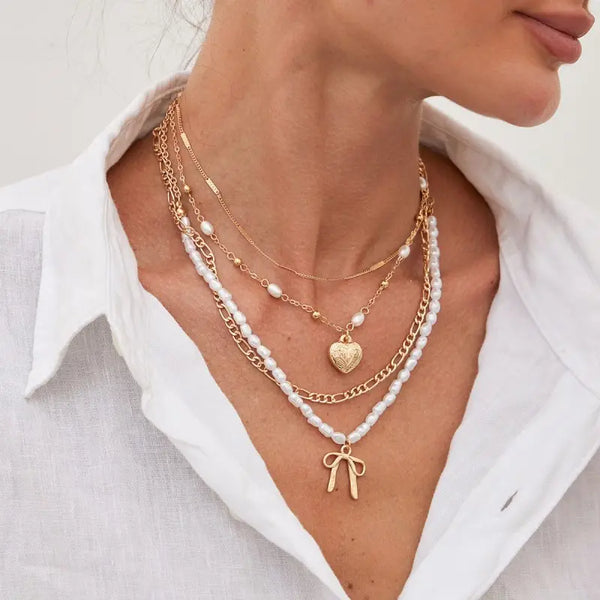 Beautiful Bow Pearl Heart Pendant Layered Necklace
