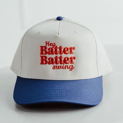 Baseball cap with 'Hey Batter Batter Swing' text on a white background