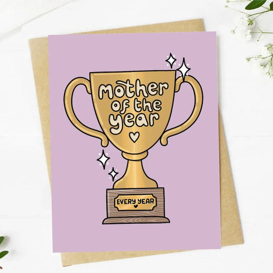 mother of the year with trophy on the front-greeting card 