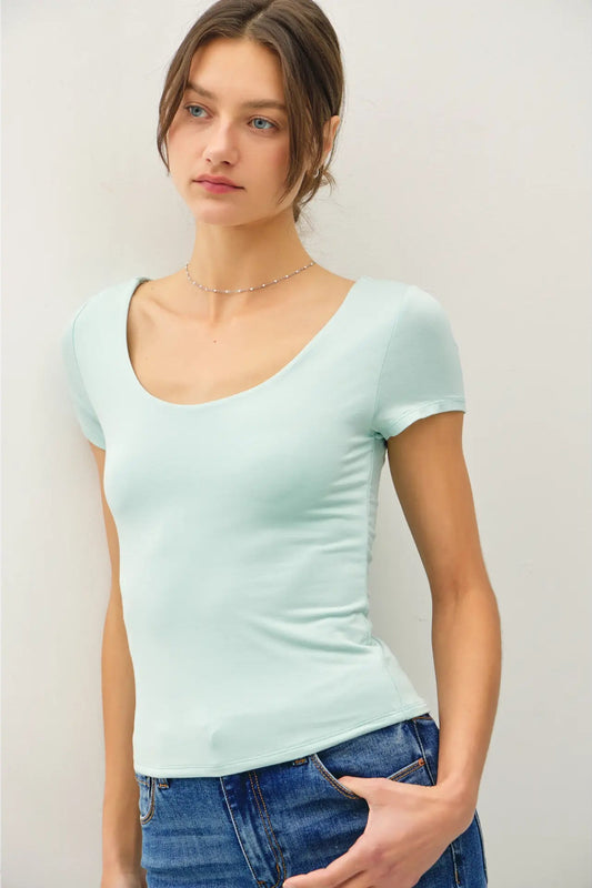 Basic Double Lined Scoop Neck Cap Sleeve Top