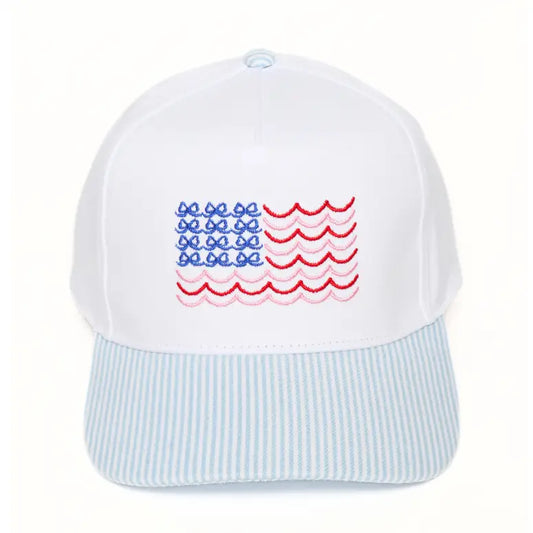 baseball hat with a wave bow flag design on the front 