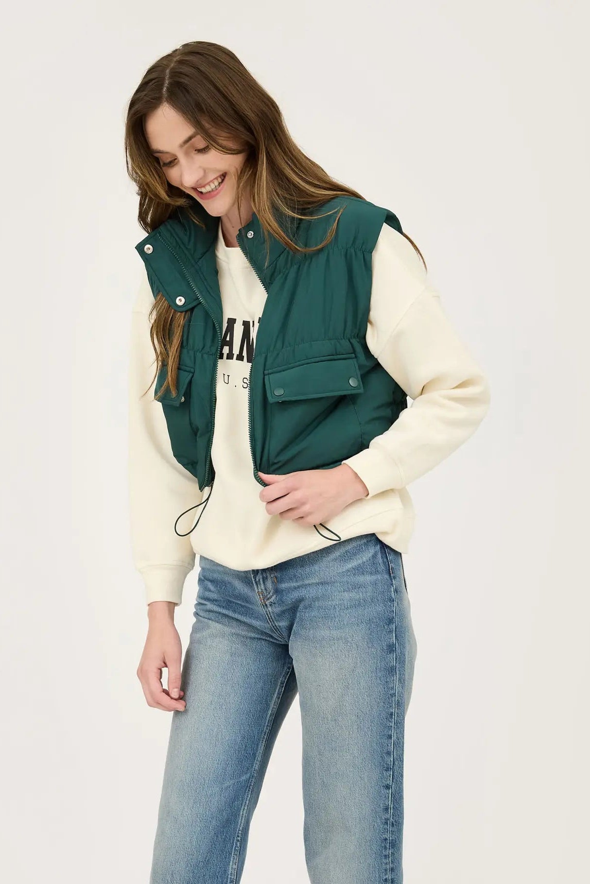 Cropped Zip Up Cargo Puffer Vest