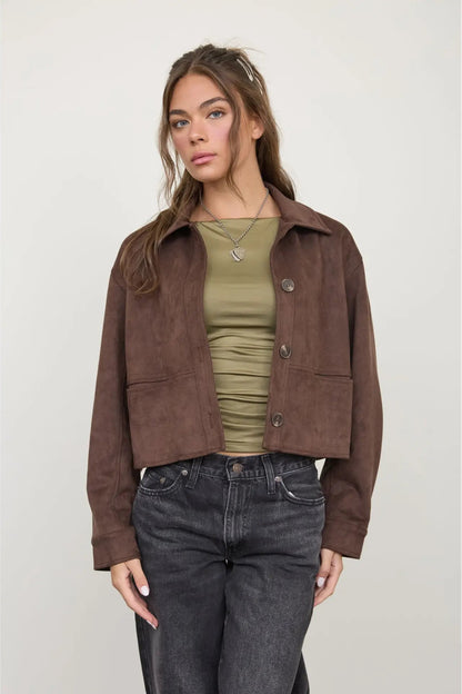 woman in suede jacket