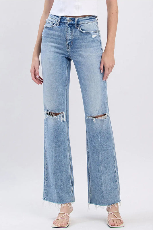 High Rise Distressed Slim Wide Jeans