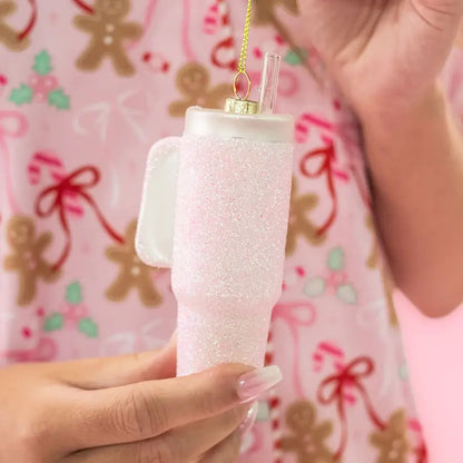 Pink Glittered Trendy Tumbler Christmas Ornament