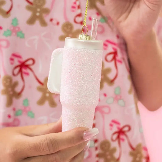Pink Glittered Trendy Tumbler Christmas Ornament
