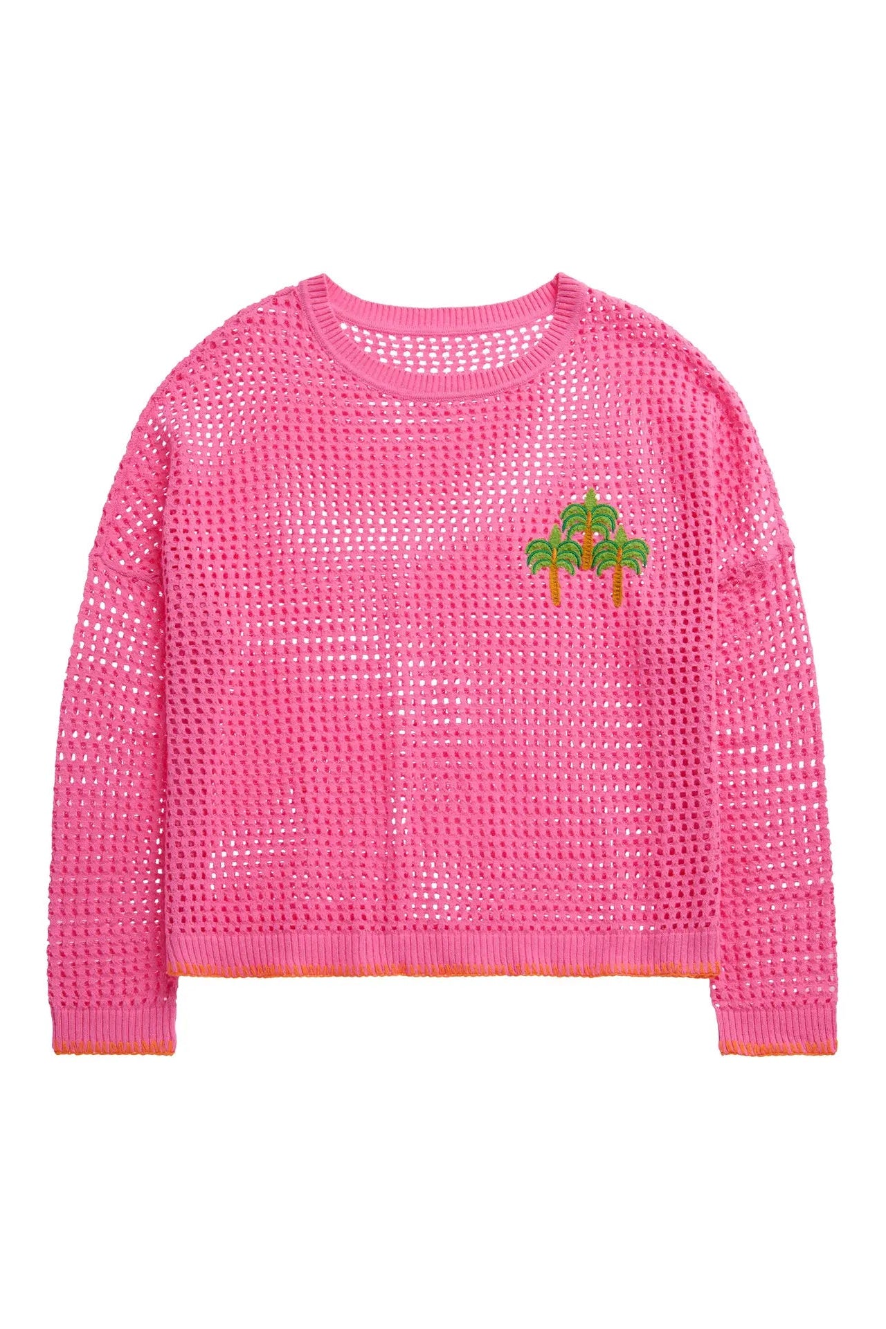 Pink textured sweater with palm tree design on a white background