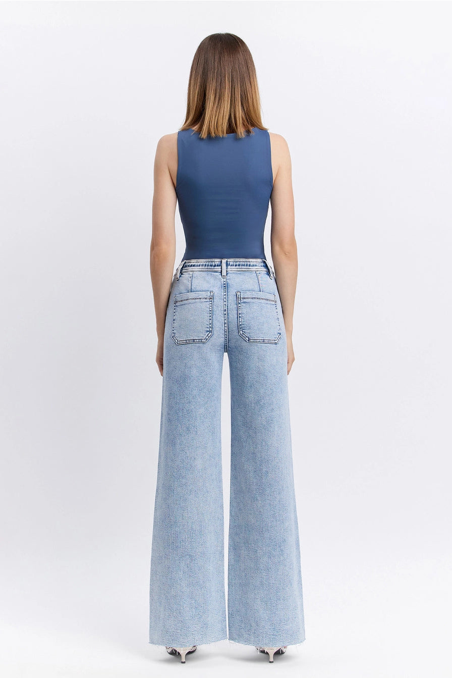High Rise Drawstring Waistband Wide Leg Jeans