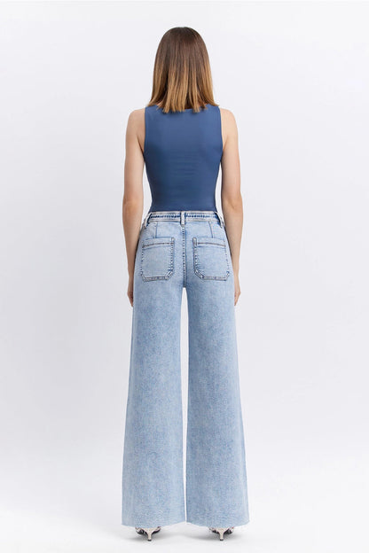 High Rise Drawstring Waistband Wide Leg Jeans