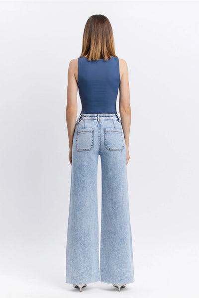 High Rise Drawstring Waistband Wide Leg Jeans