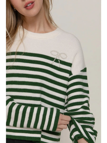 Pearl Bow Detail Stripe Sweater