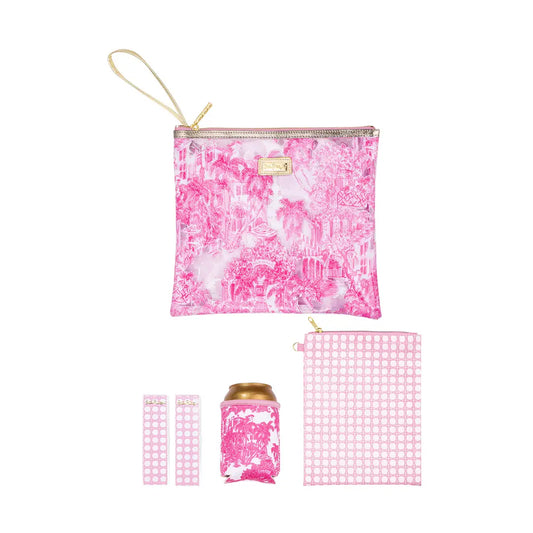 Pink floral-patterned pouch with matching can cooler and mesh bag on a white background