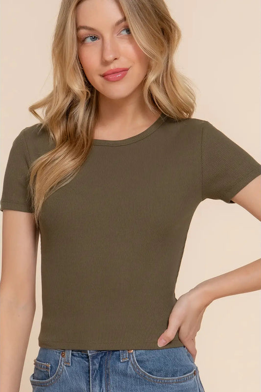 woman wearing olive green tee