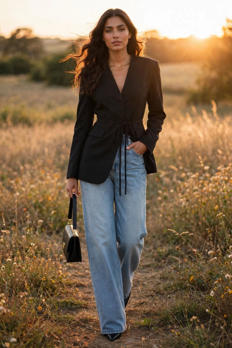 woman in blazer and jeans