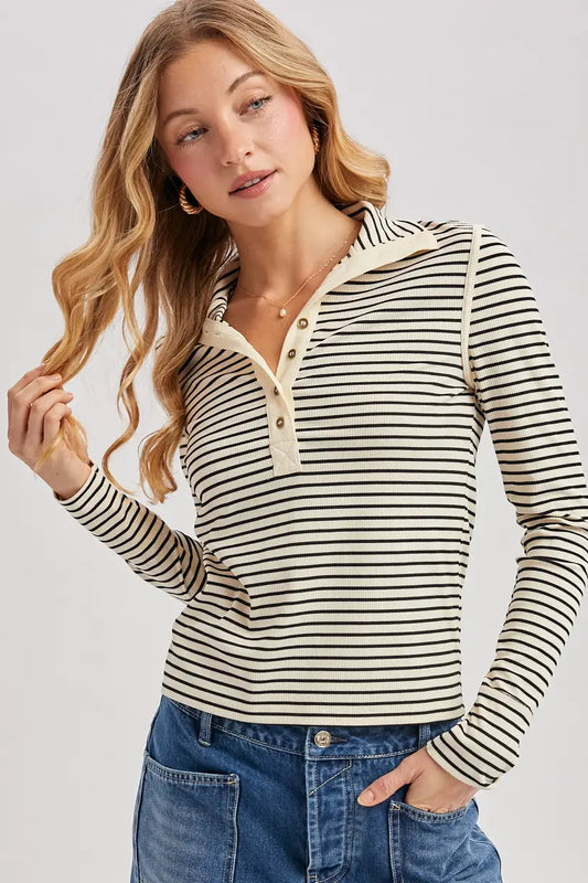 woman wearing henley shirt