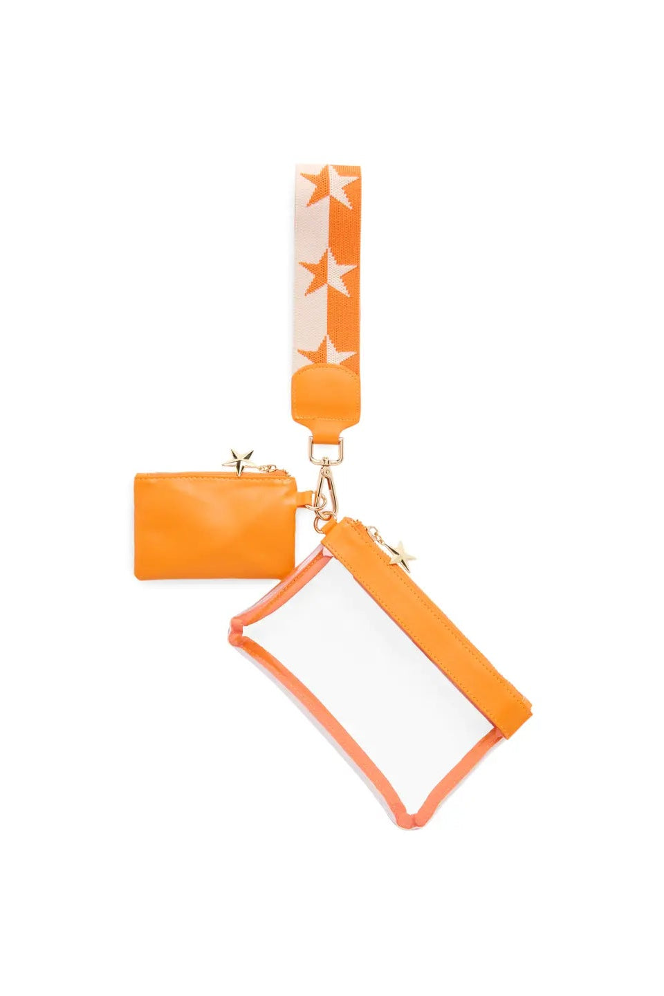 An orange and white accessory set featuring a wristlet strap with white stars, a small orange pouch, and a larger clear pouch with an orange border and zipper.
