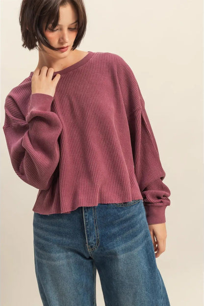 Mineral Washed Waffle Long Sleeve Top